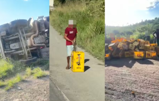 Caminhão carregado de cerveja tomba e carga é saqueada no interior da Bahia 