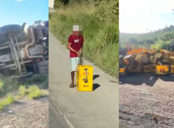 Caminhão carregado de cerveja tomba e carga é saqueada no interior da Bahia 